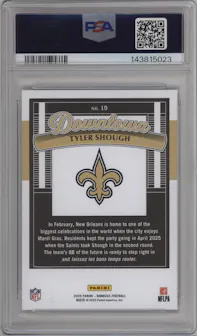 Tyler Shough from the 2025 Panini Donruss set graded by PSA and given an overall grade of 10.