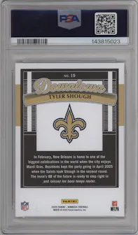 Tyler Shough from the 2025 Panini Donruss set graded by PSA and given an overall grade of 10.