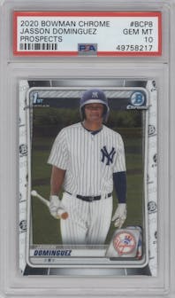 Jasson Dominguez from the 2020 Bowman set graded by PSA and given an overall grade of 10.