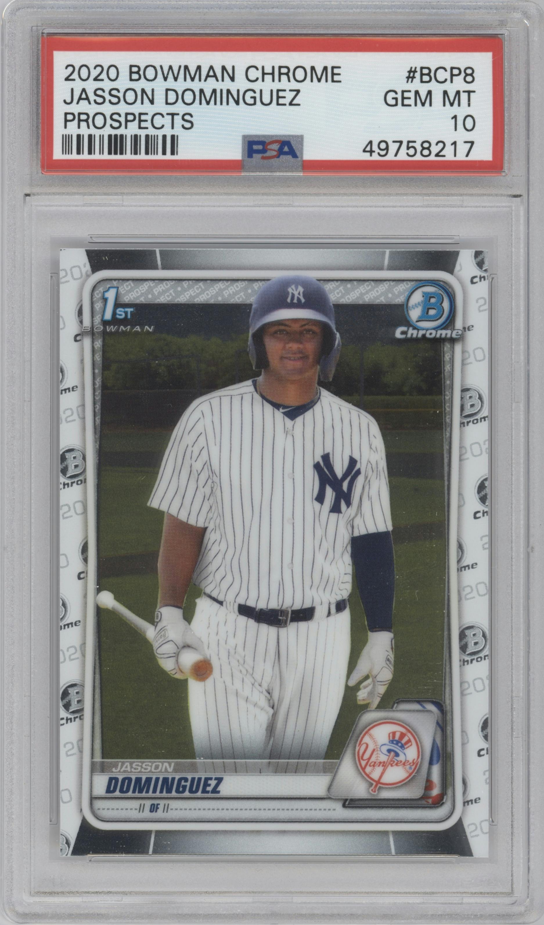 Jasson Dominguez from the 2020 Bowman set graded by PSA and given an overall grade of 10.