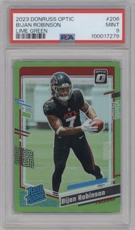Bijan Robinson from the 2023 Donruss Optic set featuring a Lime Green parallel graded by PSA and given an overall grade of 9.