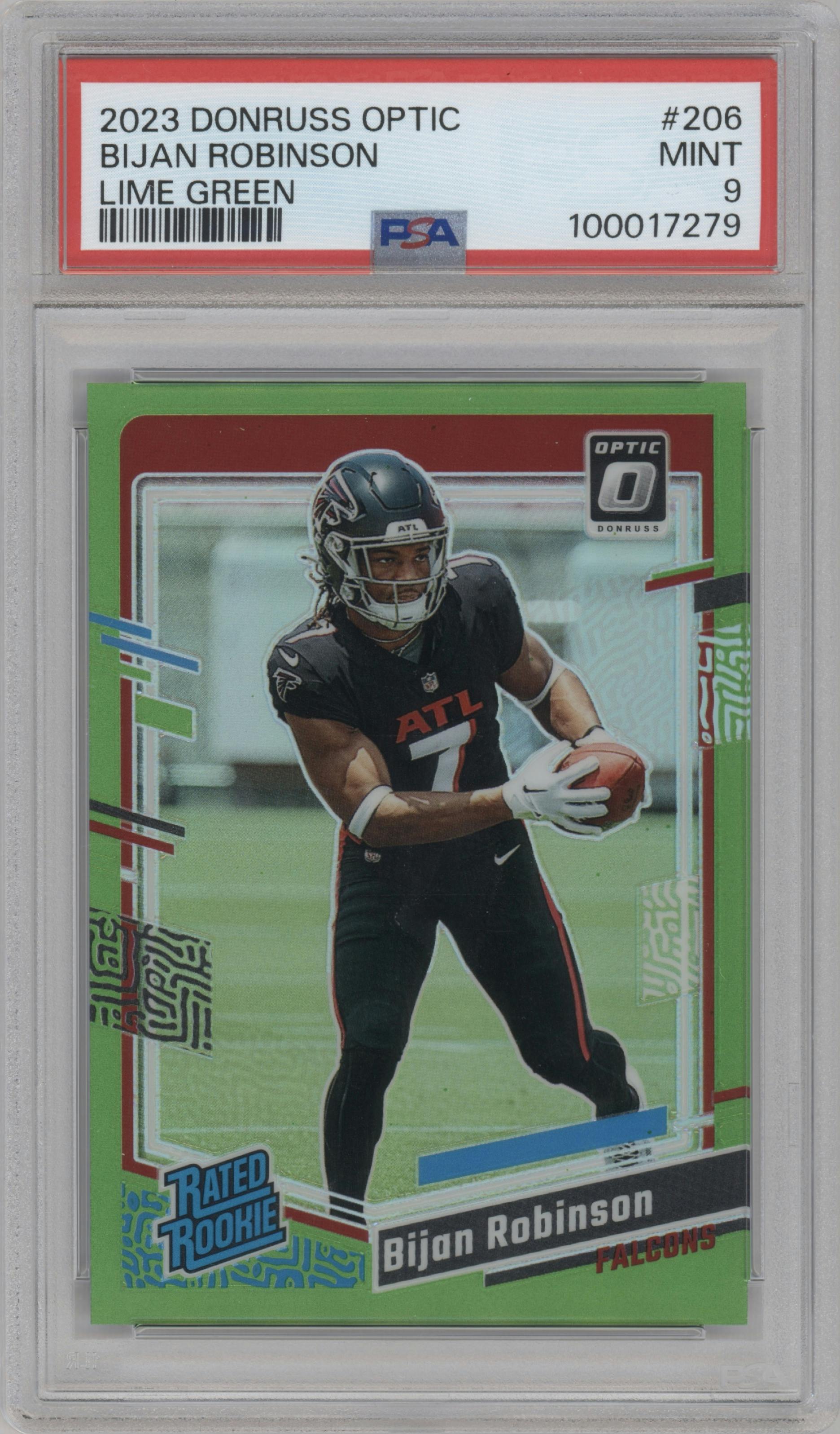 Bijan Robinson from the 2023 Donruss Optic set featuring a Lime Green parallel graded by PSA and given an overall grade of 9.