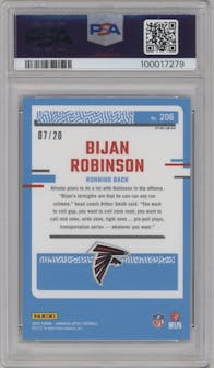 Bijan Robinson from the 2023 Donruss Optic set featuring a Lime Green parallel graded by PSA and given an overall grade of 9.