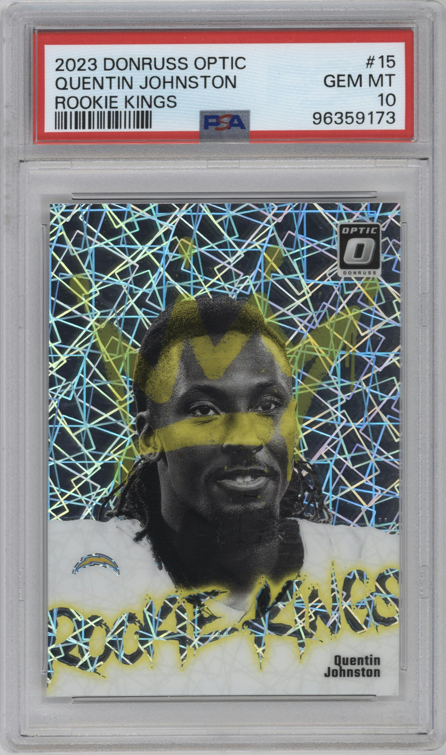 Quentin Johnston from the 2023 Donruss Optic set graded by PSA and given an overall grade of 10.