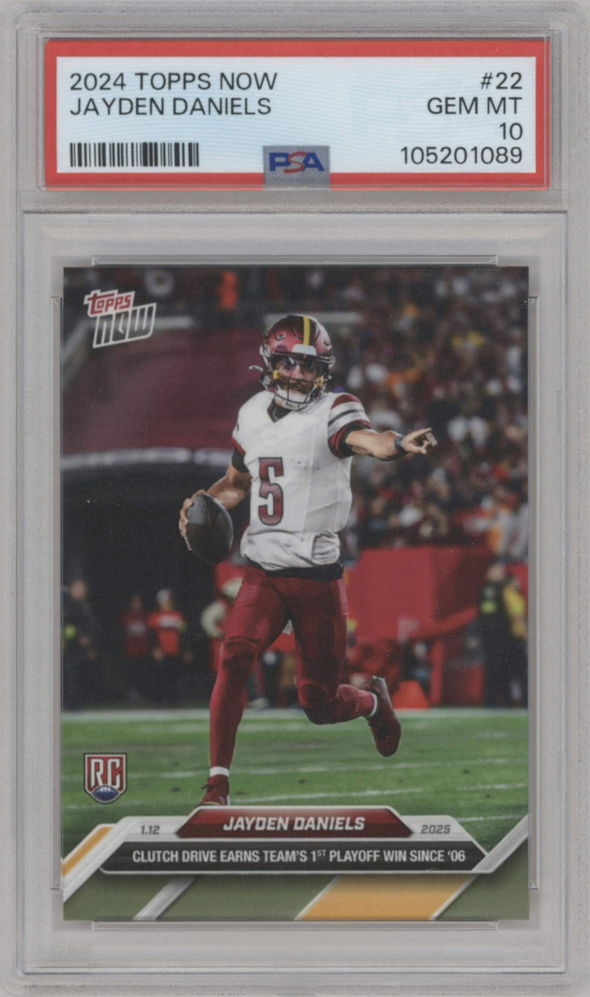 Jayden Daniels from the 2024 Topps Now set graded by PSA and given an overall grade of 10.