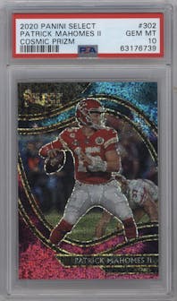 Patrick Mahomes II from the 2020 Panini Select set featuring a Cosmic parallel graded by PSA and given an overall grade of 10.