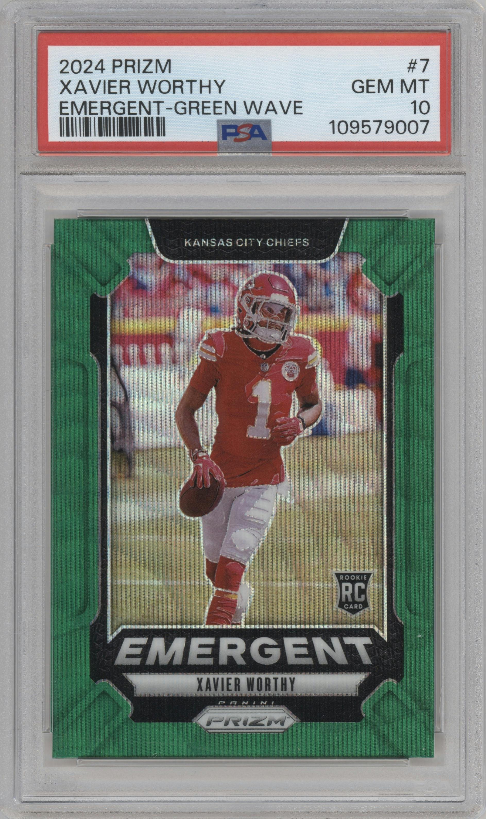 Xavier Worthy from the 2024 Panini Prizm set featuring a Green Wave parallel graded by PSA and given an overall grade of 10.