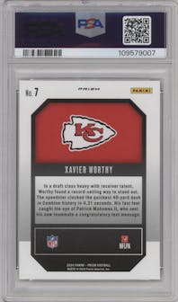 Xavier Worthy from the 2024 Panini Prizm set featuring a Green Wave parallel graded by PSA and given an overall grade of 10.