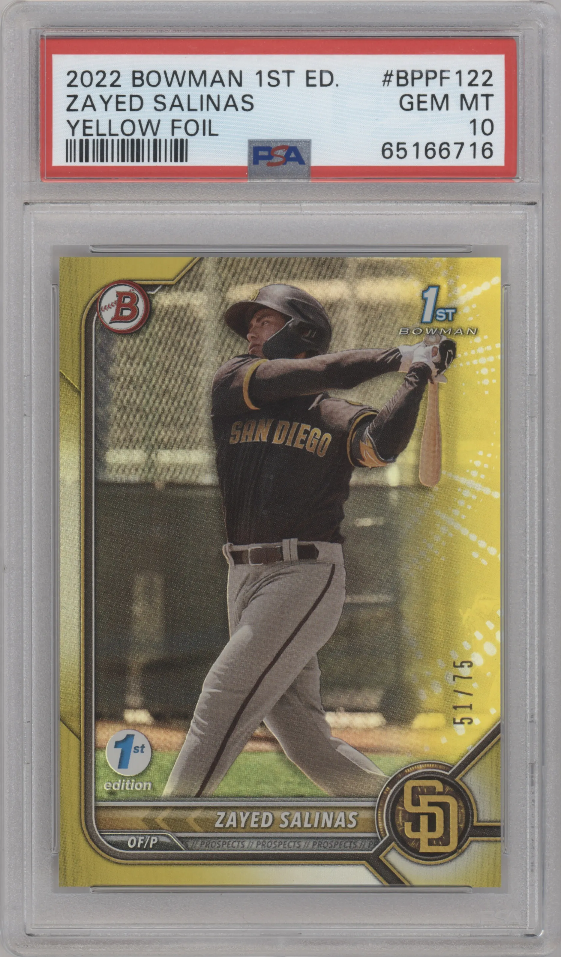 2022 Bowman 1st Edition Prospect Zayed Salinas Yellow Foil PSA 10