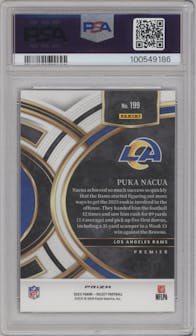 Puka Nacua from the 2023 Panini Select set featuring a Tri-Color Prizm parallel graded by PSA and given an overall grade of 10.