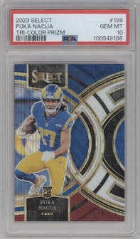 Puka Nacua from the 2023 Panini Select set featuring a Tri-Color Prizm parallel graded by PSA and given an overall grade of 10.