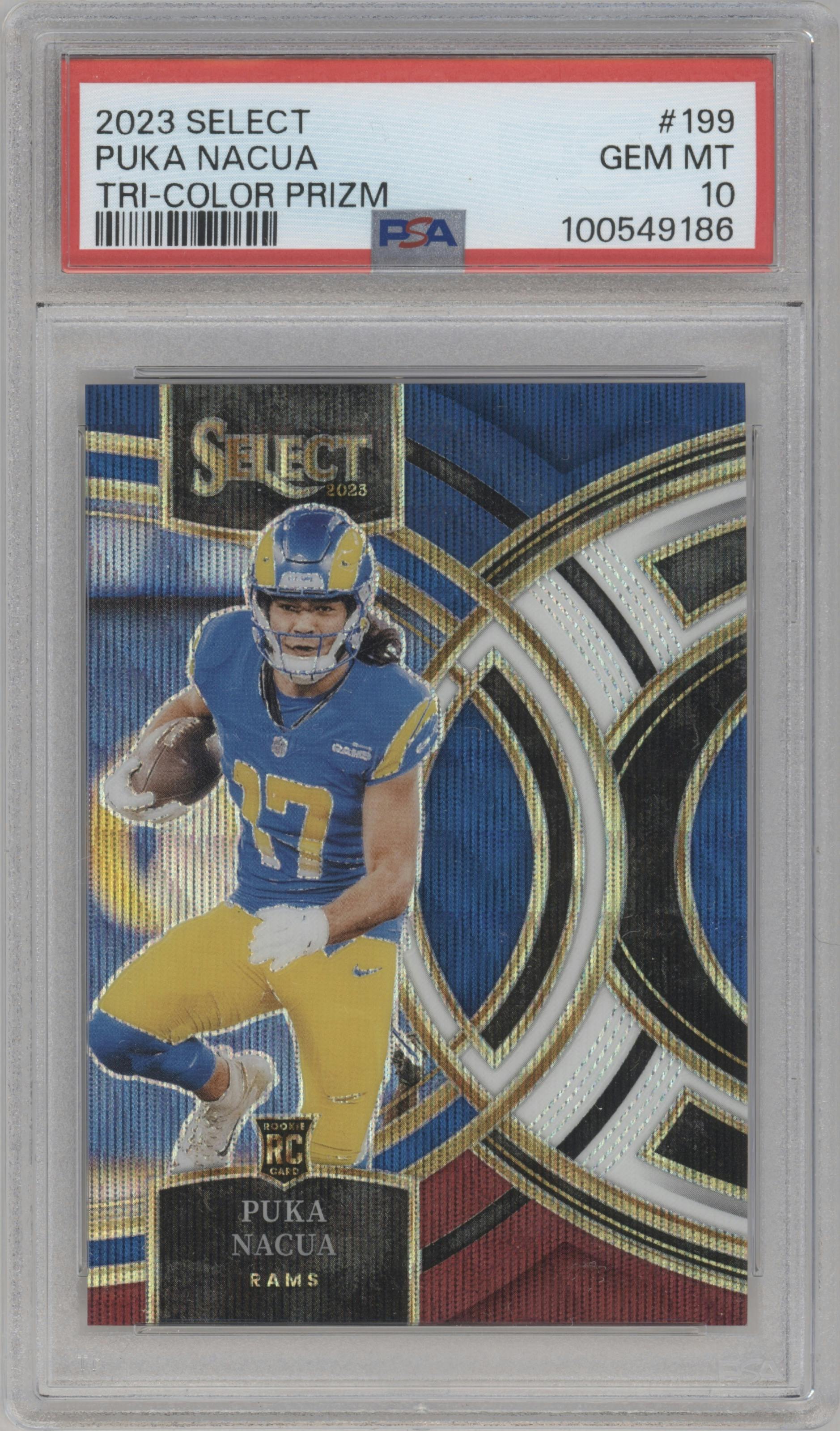 Puka Nacua from the 2023 Panini Select set featuring a Tri-Color Prizm parallel graded by PSA and given an overall grade of 10.