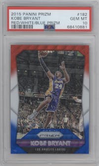 Kobe Bryant from the 2015-16 Panini Prizm  set featuring a Red/White/Blue Prizm parallel graded by PSA and given an overall grade of 10.