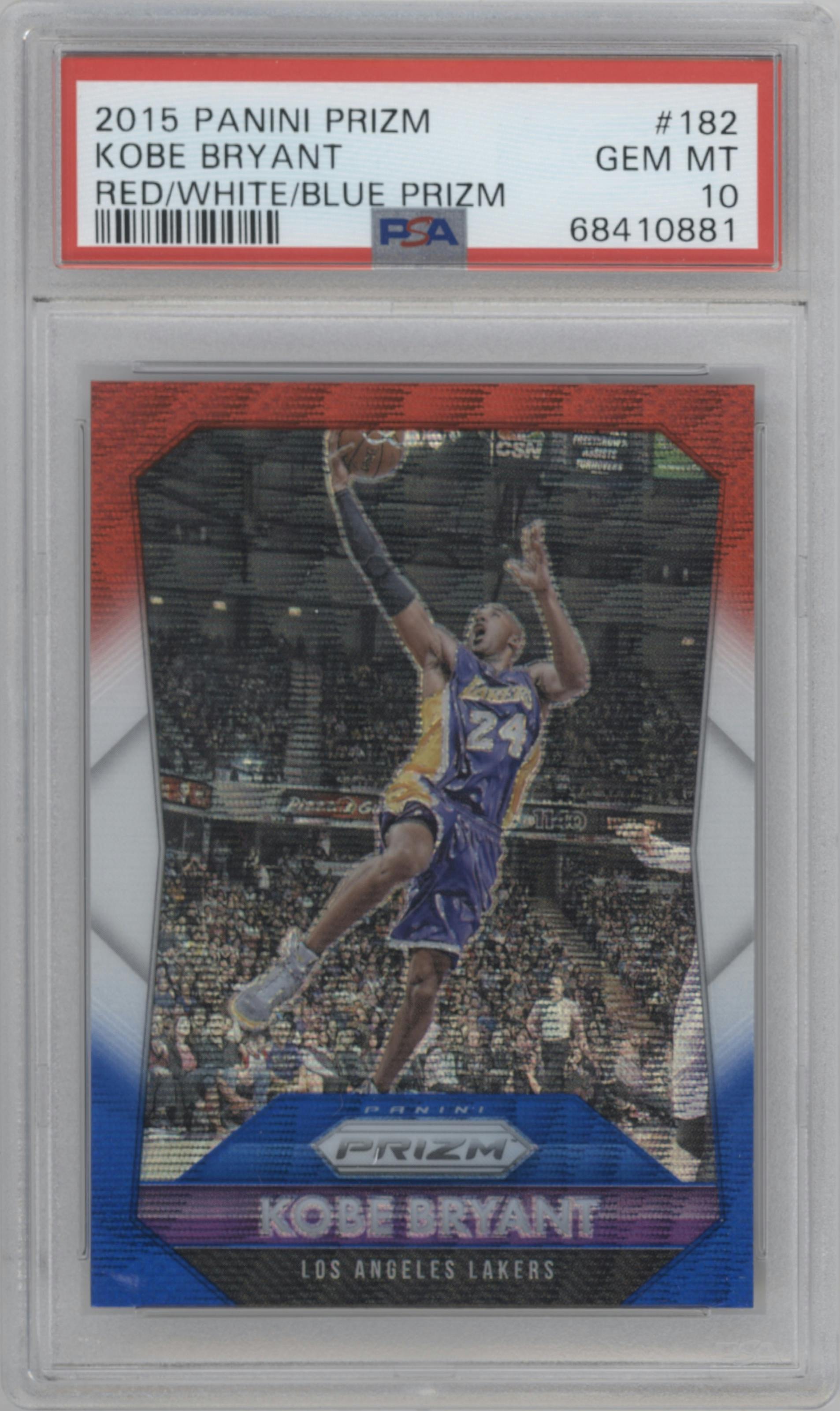 Kobe Bryant from the 2015-16 Panini Prizm  set featuring a Red/White/Blue Prizm parallel graded by PSA and given an overall grade of 10.
