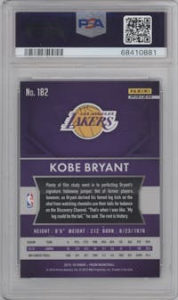 Kobe Bryant from the 2015-16 Panini Prizm  set featuring a Red/White/Blue Prizm parallel graded by PSA and given an overall grade of 10.