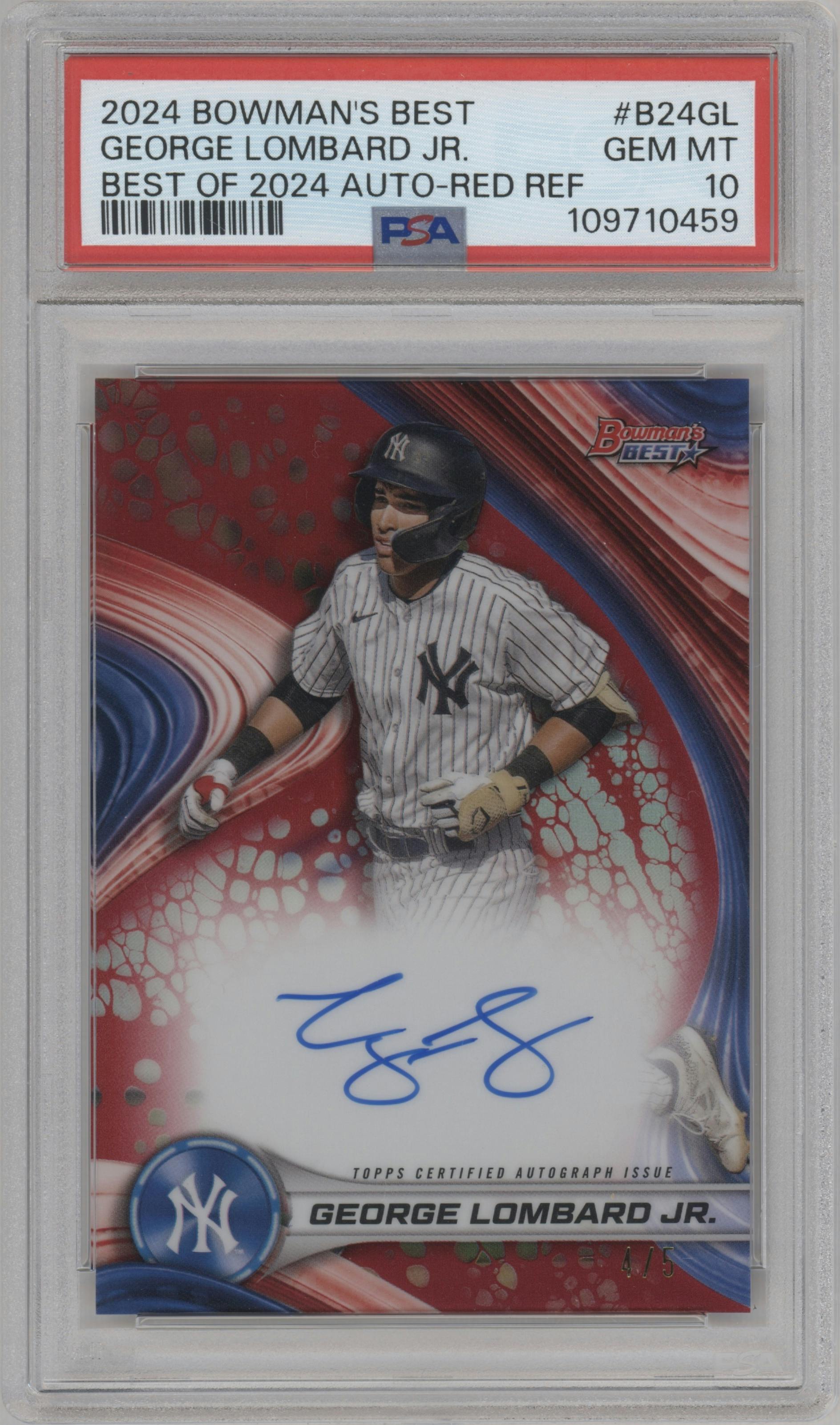 George Lombard Jr. from the 2024 Bowman's Best set featuring a Red Refractor  parallel graded by PSA and given an overall grade of 10.