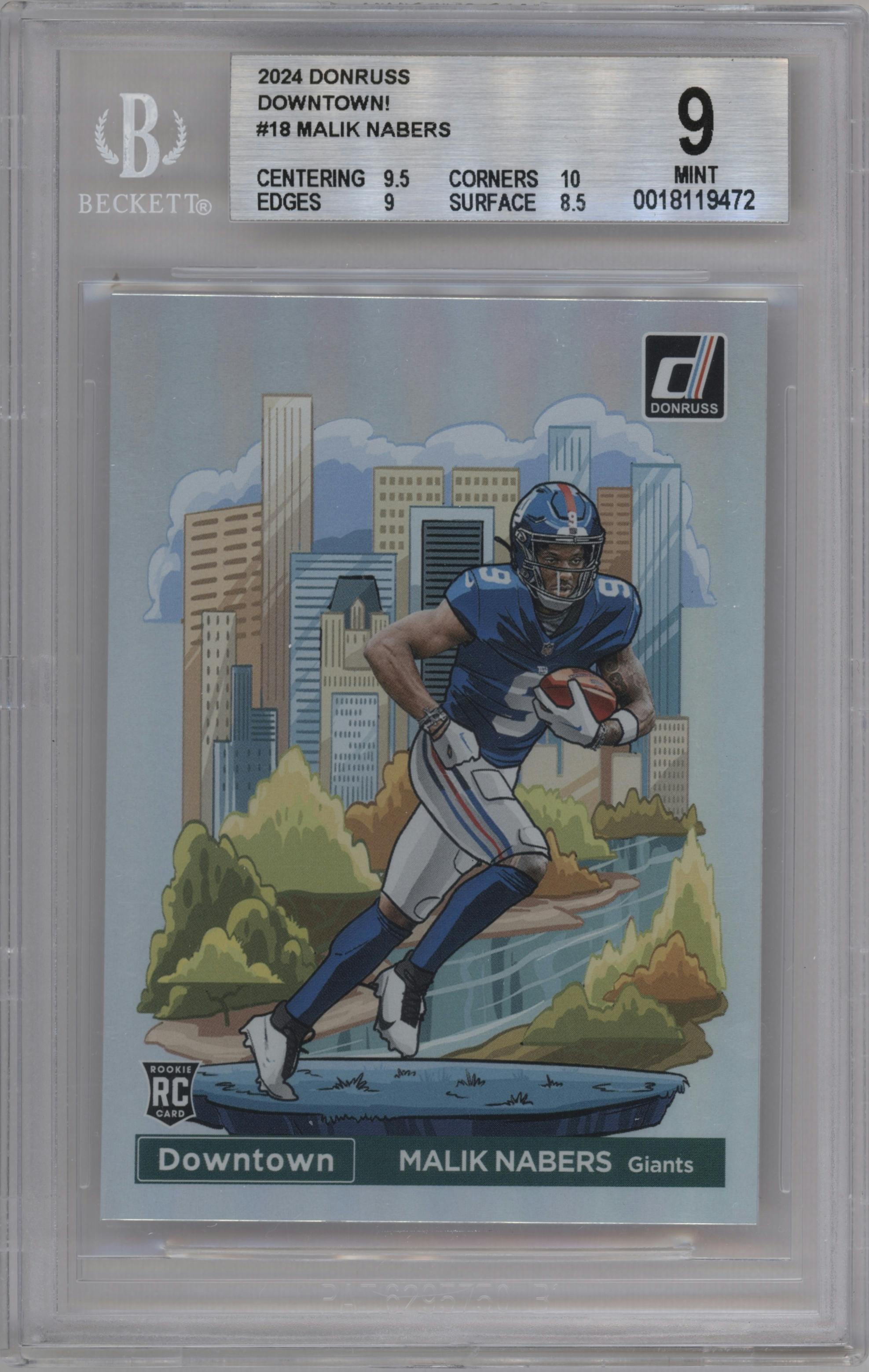 Malik Nabers  from the 2024 Donruss set graded by Beckett and given an overall grade of 9.