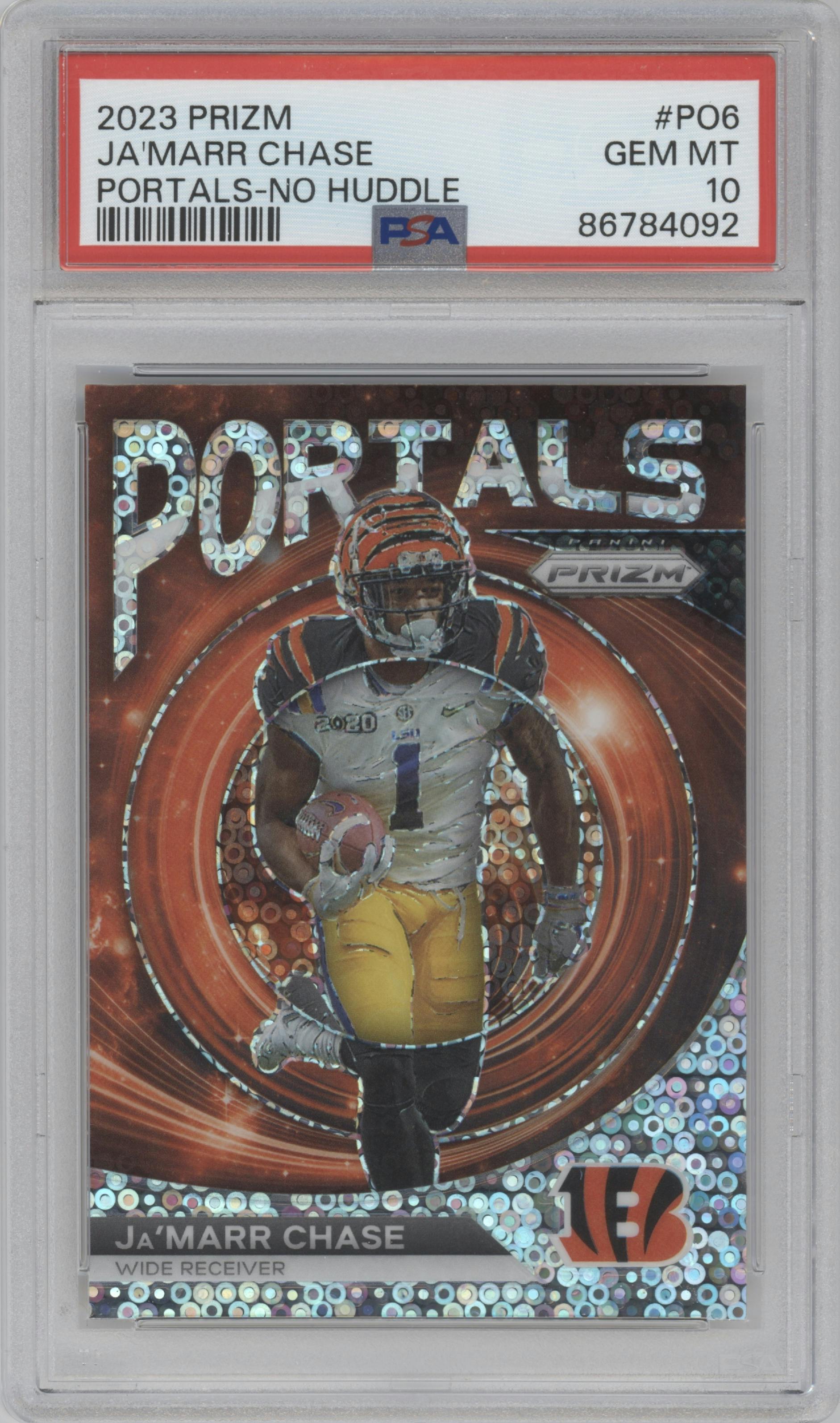 Ja'Marr Chase from the 2023 Panini Prizm set featuring a No Huddle parallel graded by PSA and given an overall grade of 10.