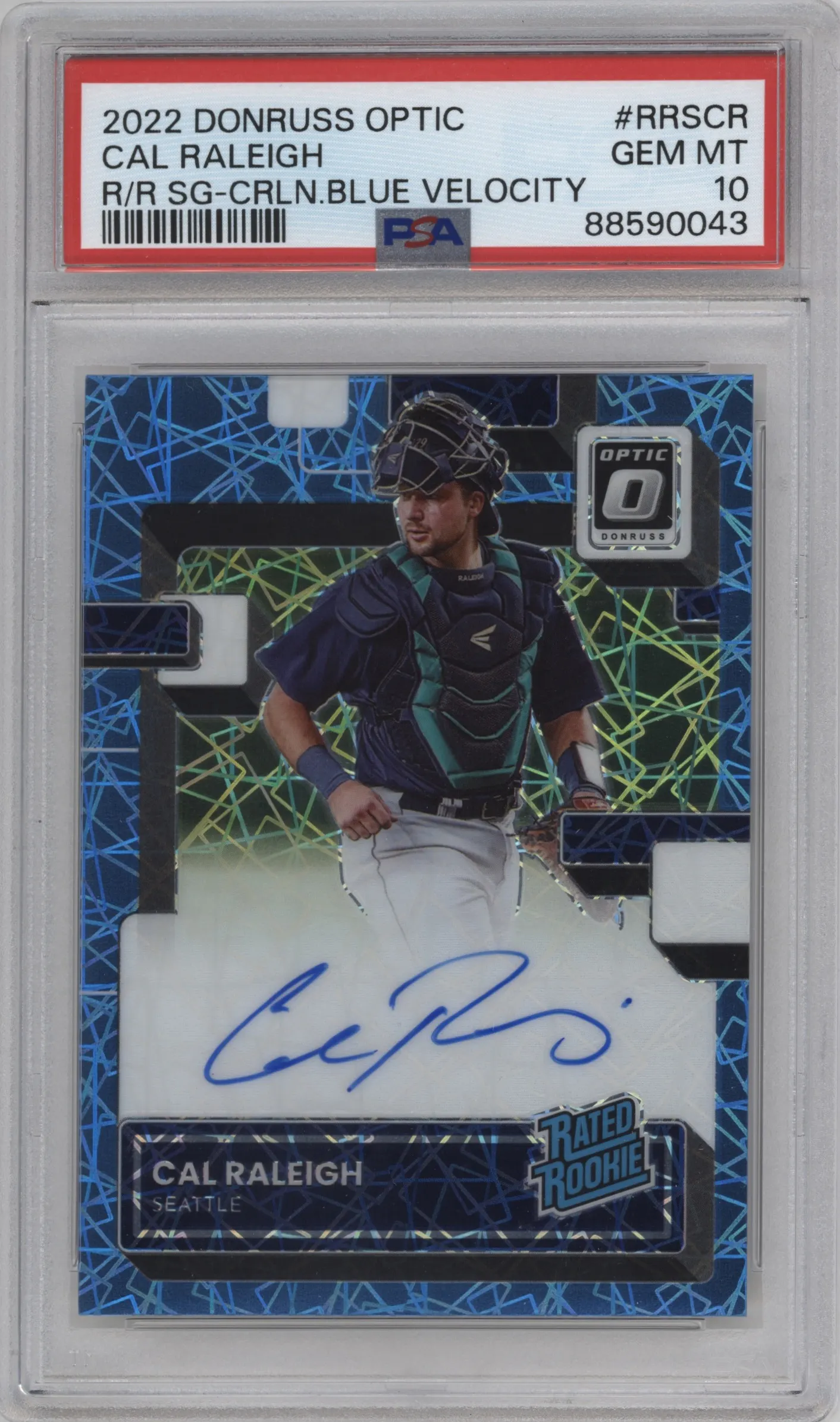 2022 Donruss Optic Rtd.Rke.Sig. Cal Raleigh Carolina Blue Velocity Prizm PSA 10