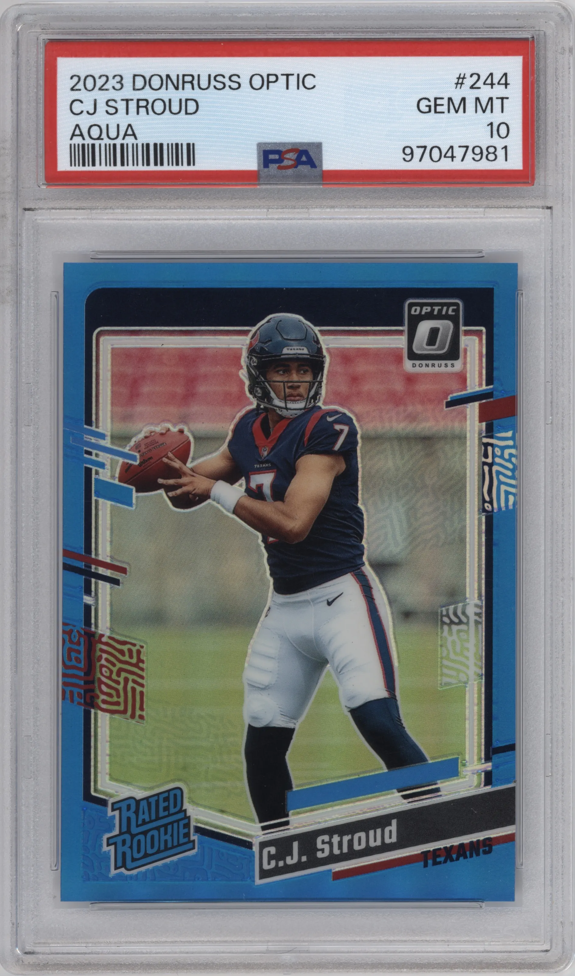 C.J. Stroud from the 2023 Donruss Optic set featuring a Aqua parallel graded by PSA and given an overall grade of 10.