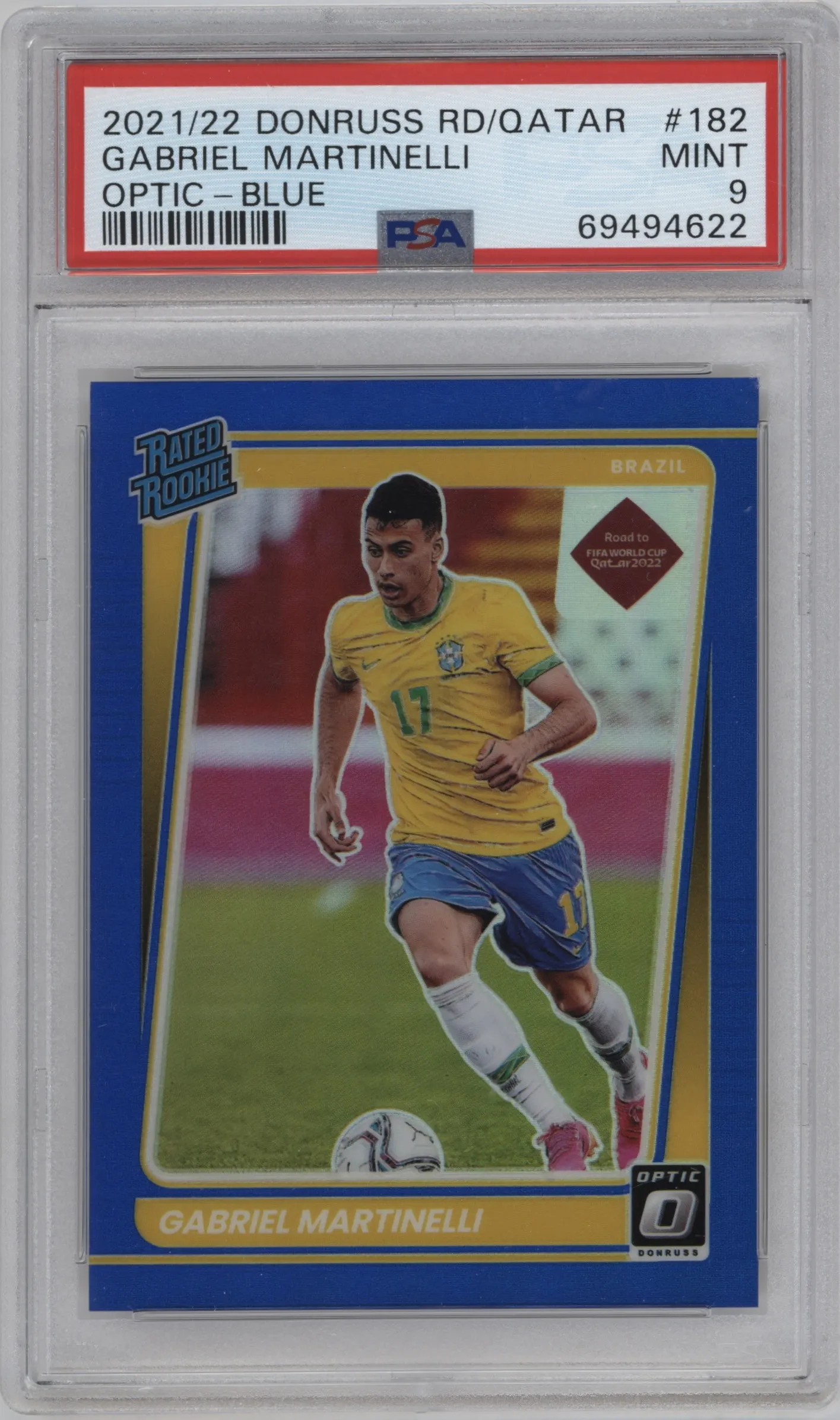 2021 Panini Donruss Road to Qatar Optic Rtd.Rke. Gabriel Martinelli Blue #182 PSA 9