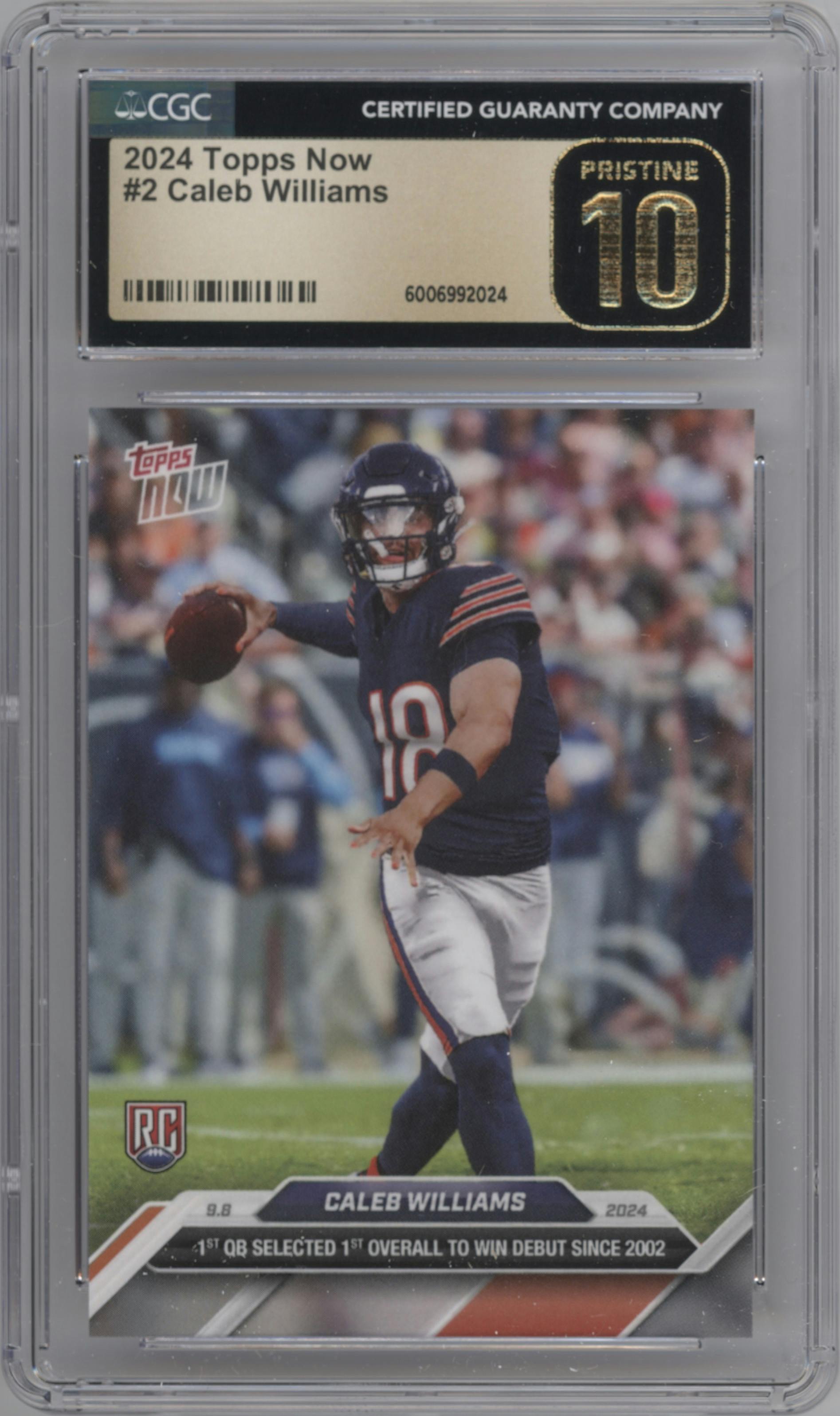 Caleb Williams from the 2024 Topps Now set graded by CSG and given an overall grade of 10.