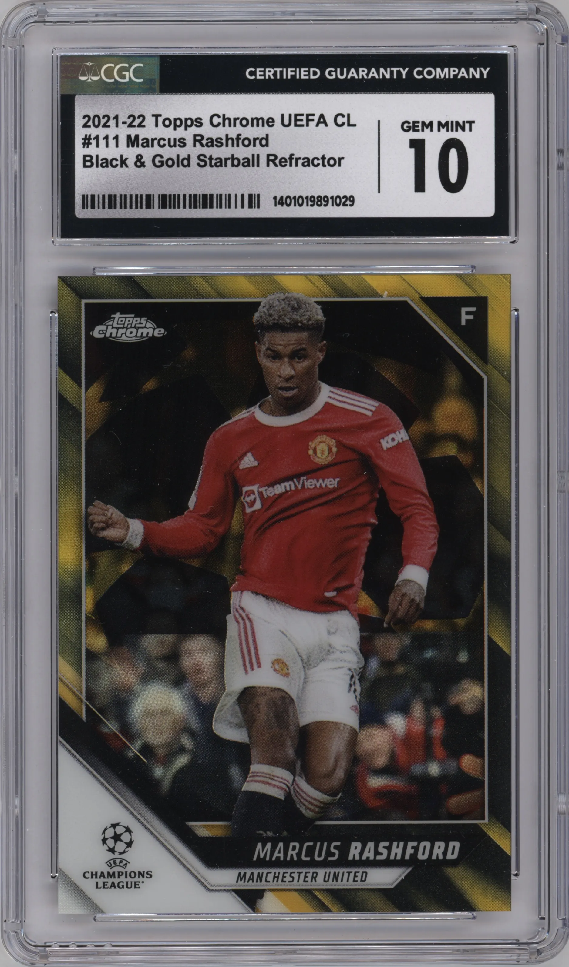 2021 Topps Chrome UEFA Champions League Marcus Rashford Black/Gold Starball Refractor #111 CGC 10