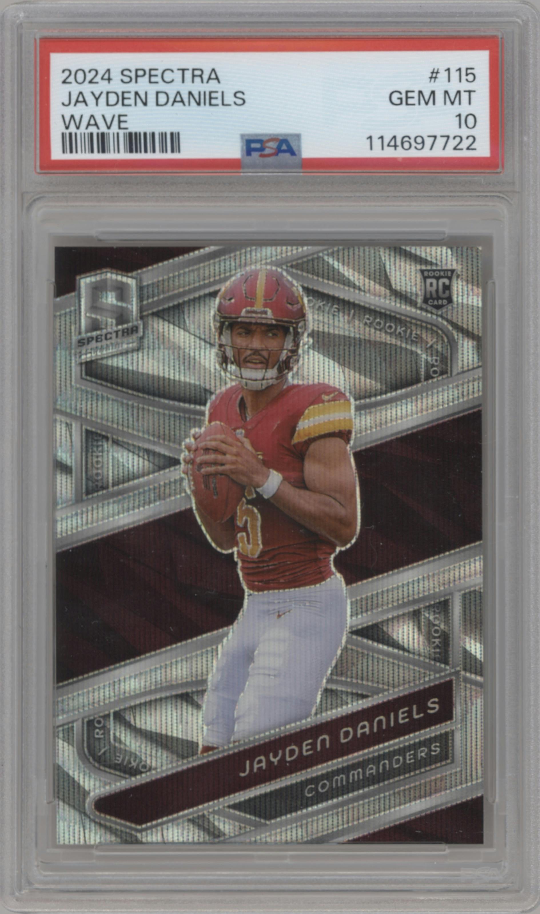 Jayden Daniels from the 2024 Panini Spectra set featuring a Wave parallel graded by PSA and given an overall grade of 10.