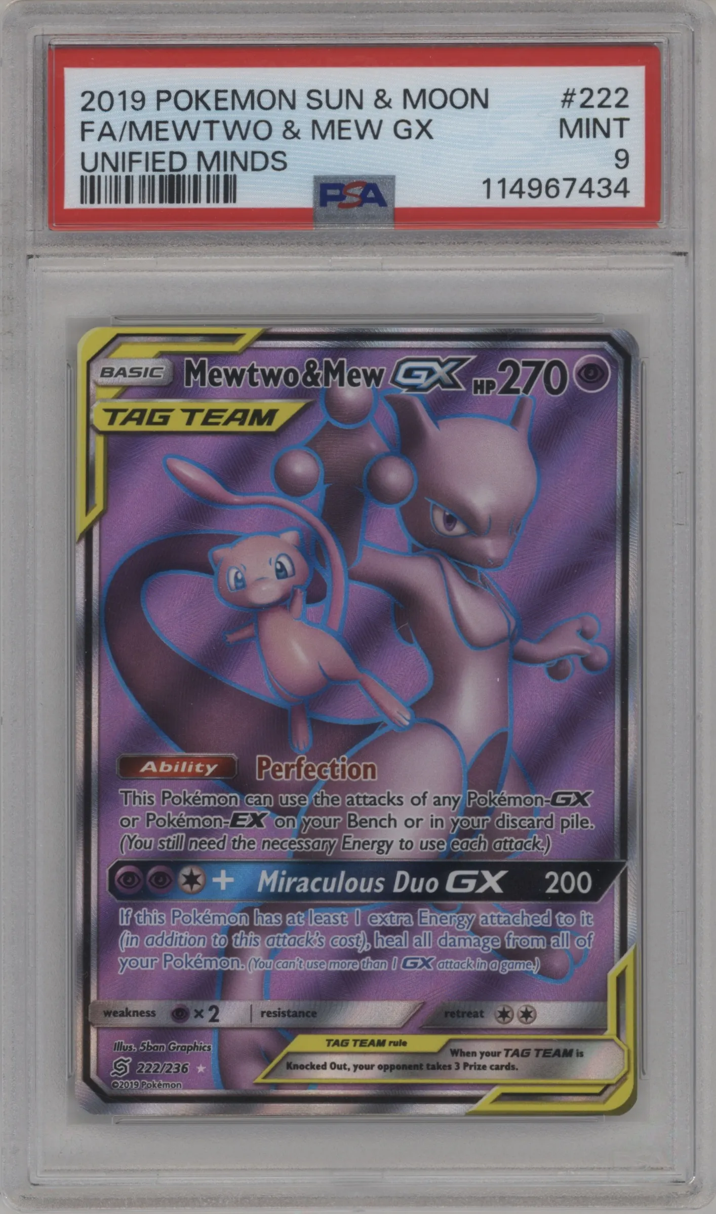 2019 Pokemon S&M Unified Minds Mewtwo/Mew GX #222 PSA 9