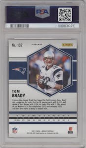 Tom Brady from the 2021 Panini Mosaic set featuring a Pink Camo parallel graded by PSA and given an overall grade of 10.