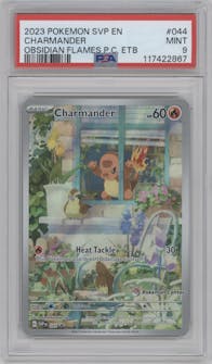 Charmander from the 2023 Pokemon SV set featuring a Obsidian Flames Pokémon Center Elite Trainer Box parallel graded by PSA and given an overall grade of 9.