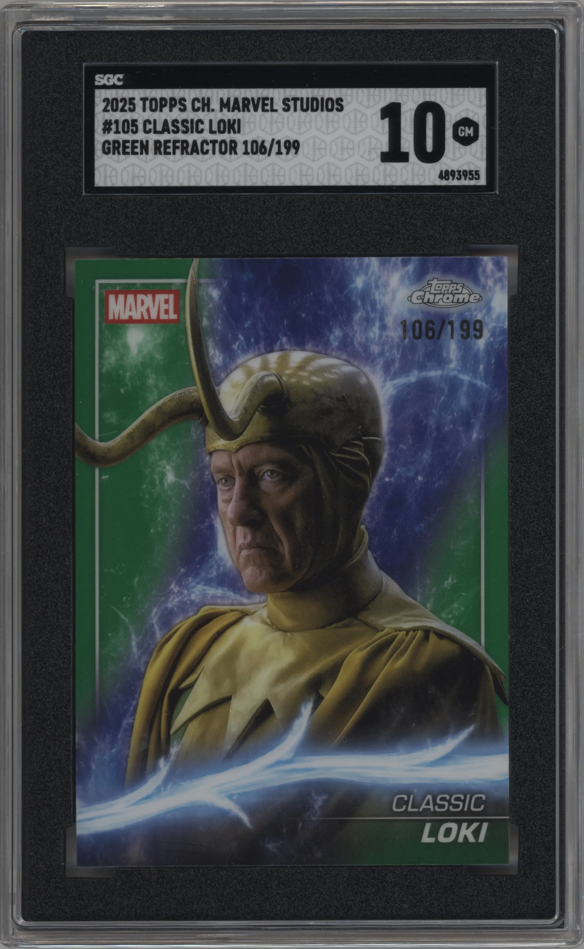 2025 Topps Chrome Marvel Studios Classic Loki Green Refractor SGC 10