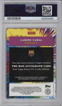 Lamine Yamal from the 2023-24 Topps Finest UEFA Club Competitions set graded by PSA and given an overall grade of 10.
