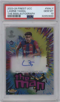 Lamine Yamal from the 2023-24 Topps Finest UEFA Club Competitions set graded by PSA and given an overall grade of 10.