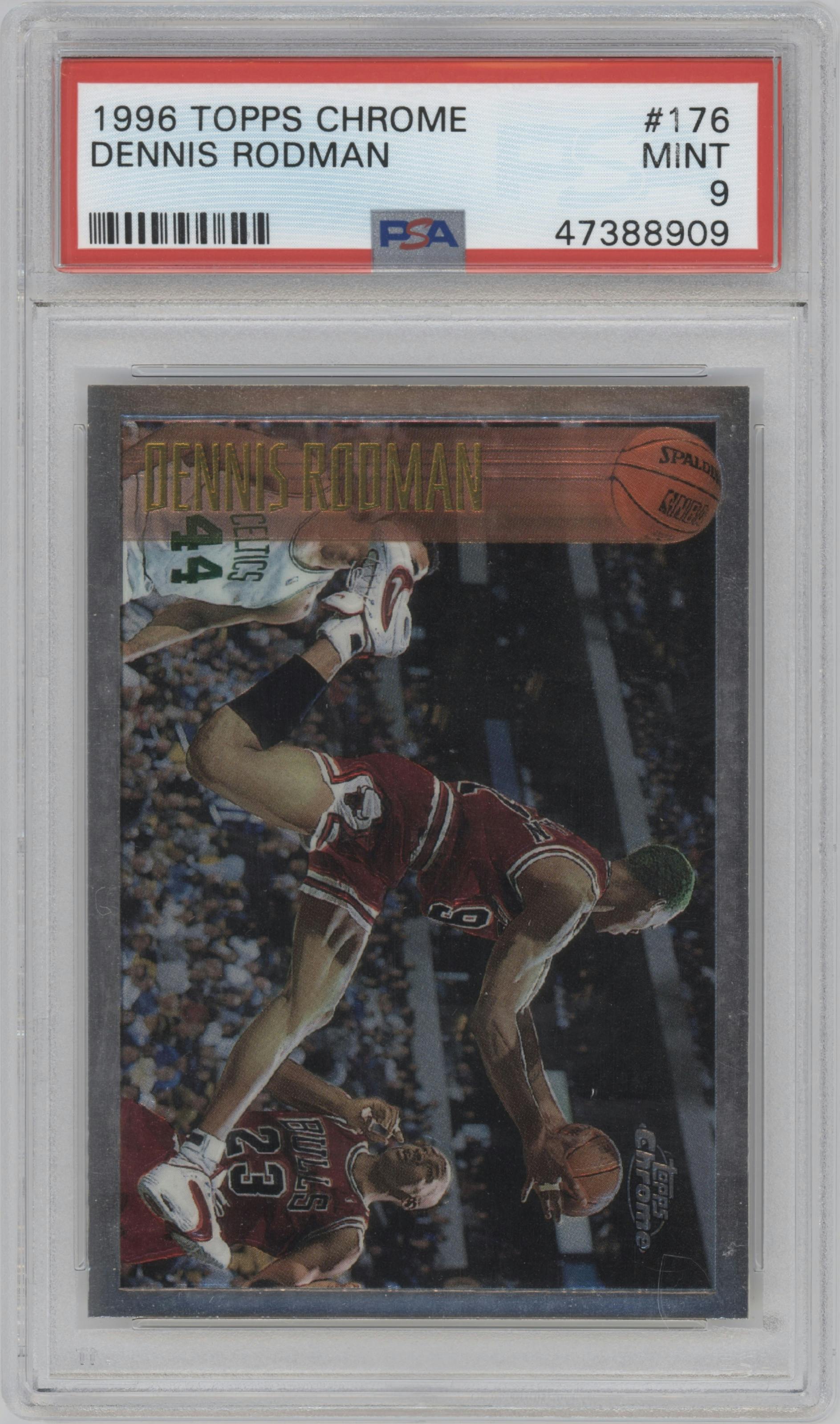 Dennis Rodman from the 1996-97 Topps Chrome set graded by PSA and given an overall grade of 9.