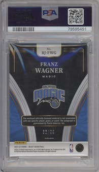 Franz Wagner from the 2021-22 Panini Select set featuring a Purple Prizm parallel graded by PSA and given an overall grade of 8.