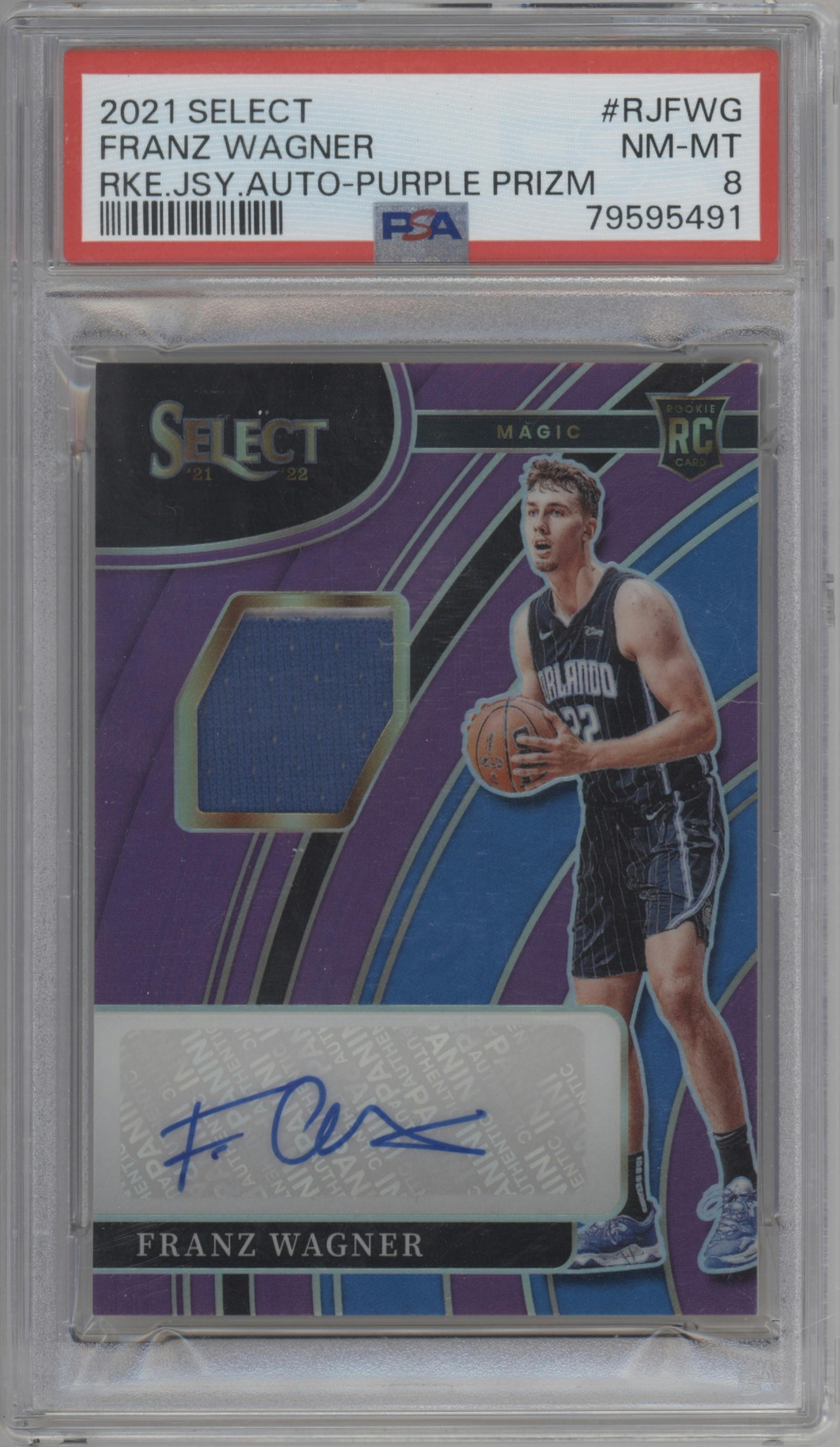 Franz Wagner from the 2021-22 Panini Select set featuring a Purple Prizm parallel graded by PSA and given an overall grade of 8.