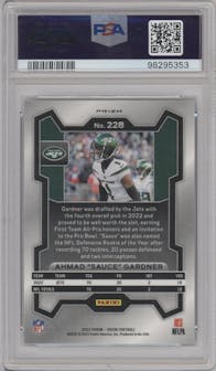 Ahmad "Sauce" Gardner from the 2023 Panini Prizm set featuring a Green Wave  parallel graded by PSA and given an overall grade of 10.