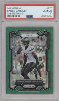 Ahmad "Sauce" Gardner from the 2023 Panini Prizm set featuring a Green Wave  parallel graded by PSA and given an overall grade of 10.