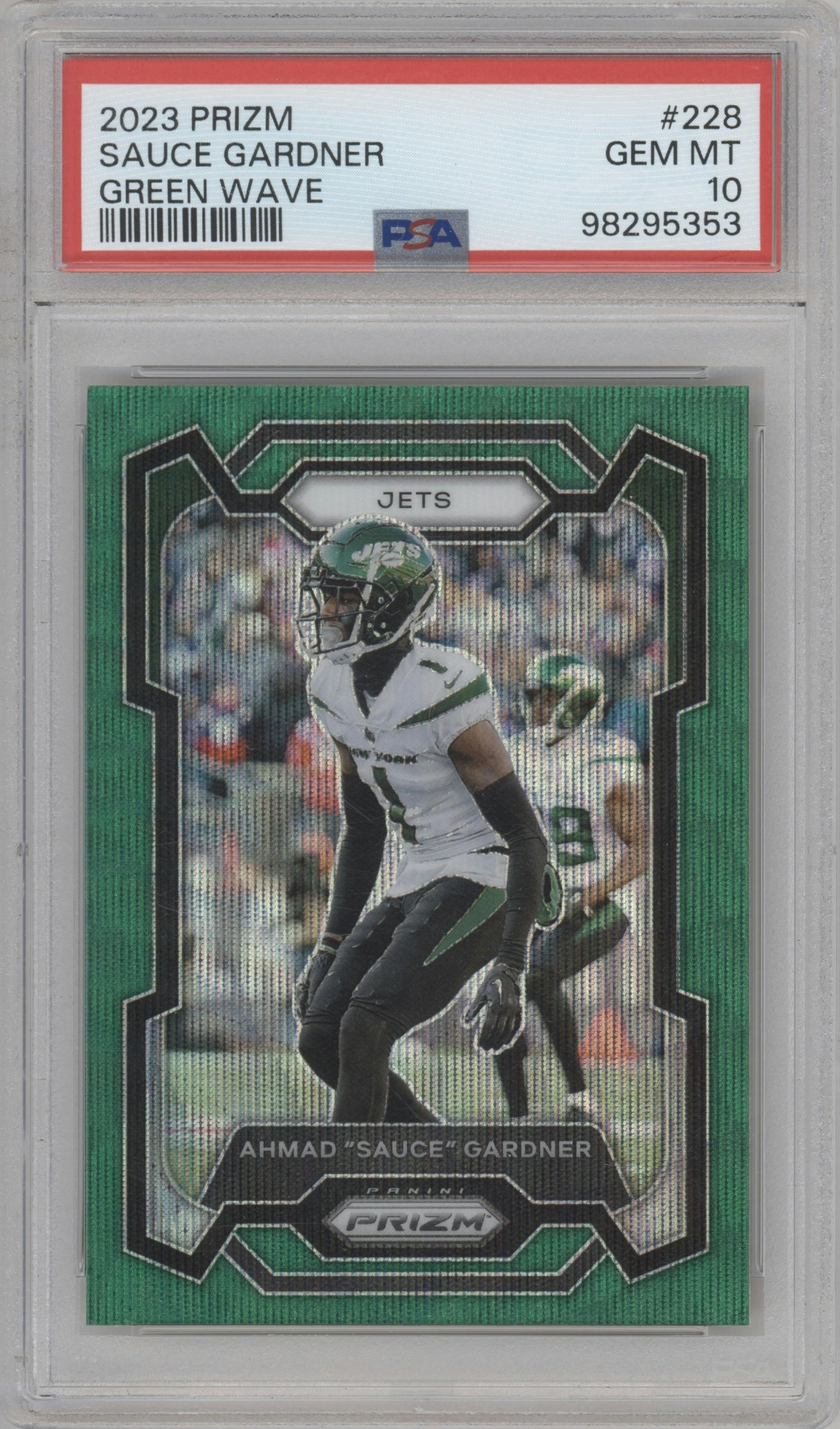 Ahmad "Sauce" Gardner from the 2023 Panini Prizm set featuring a Green Wave  parallel graded by PSA and given an overall grade of 10.