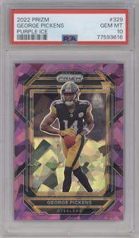 George Pickens from the 2022 Panini Prizm set featuring a Purple Ice parallel graded by PSA and given an overall grade of 10.
