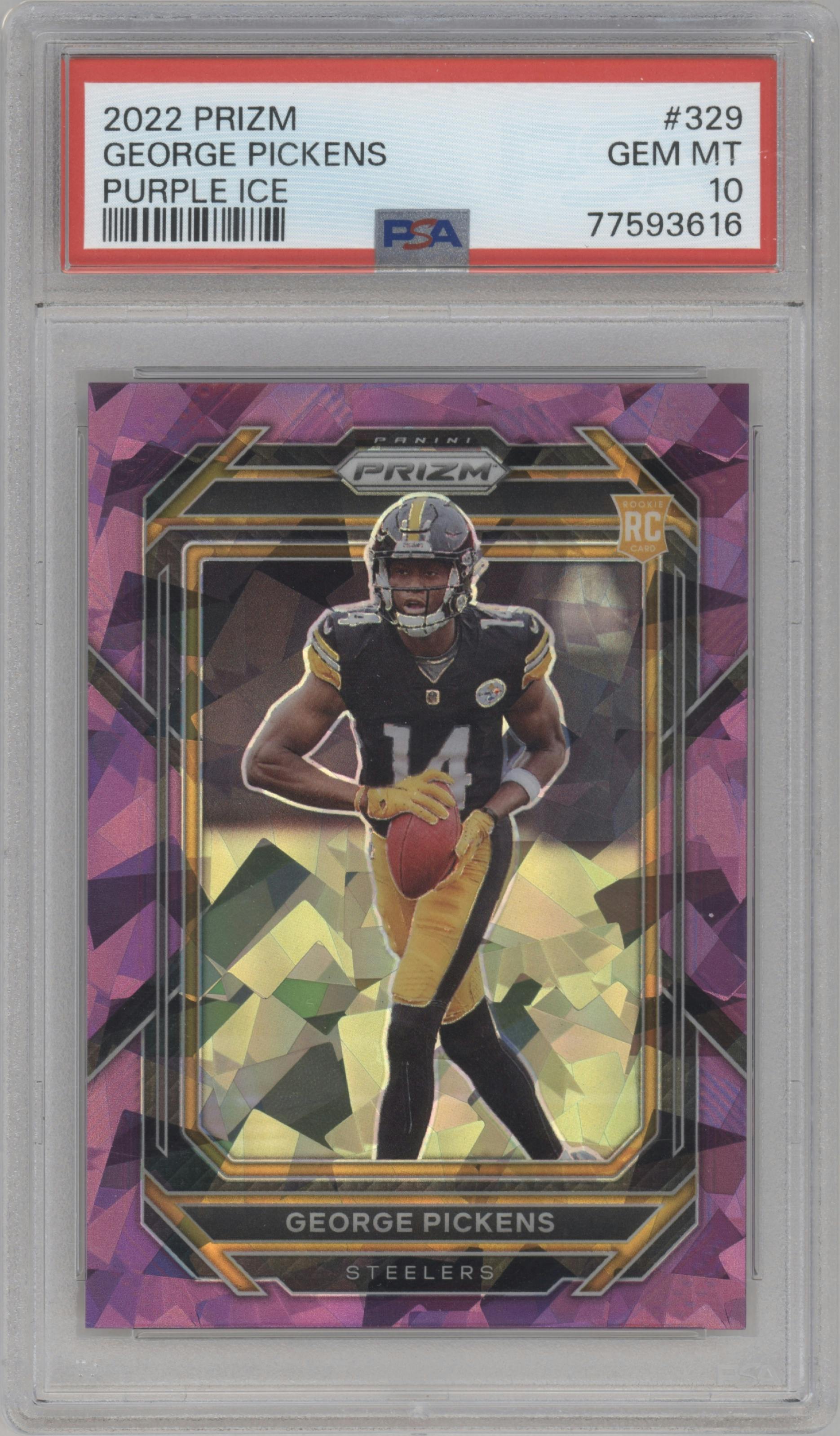 George Pickens from the 2022 Panini Prizm set featuring a Purple Ice parallel graded by PSA and given an overall grade of 10.