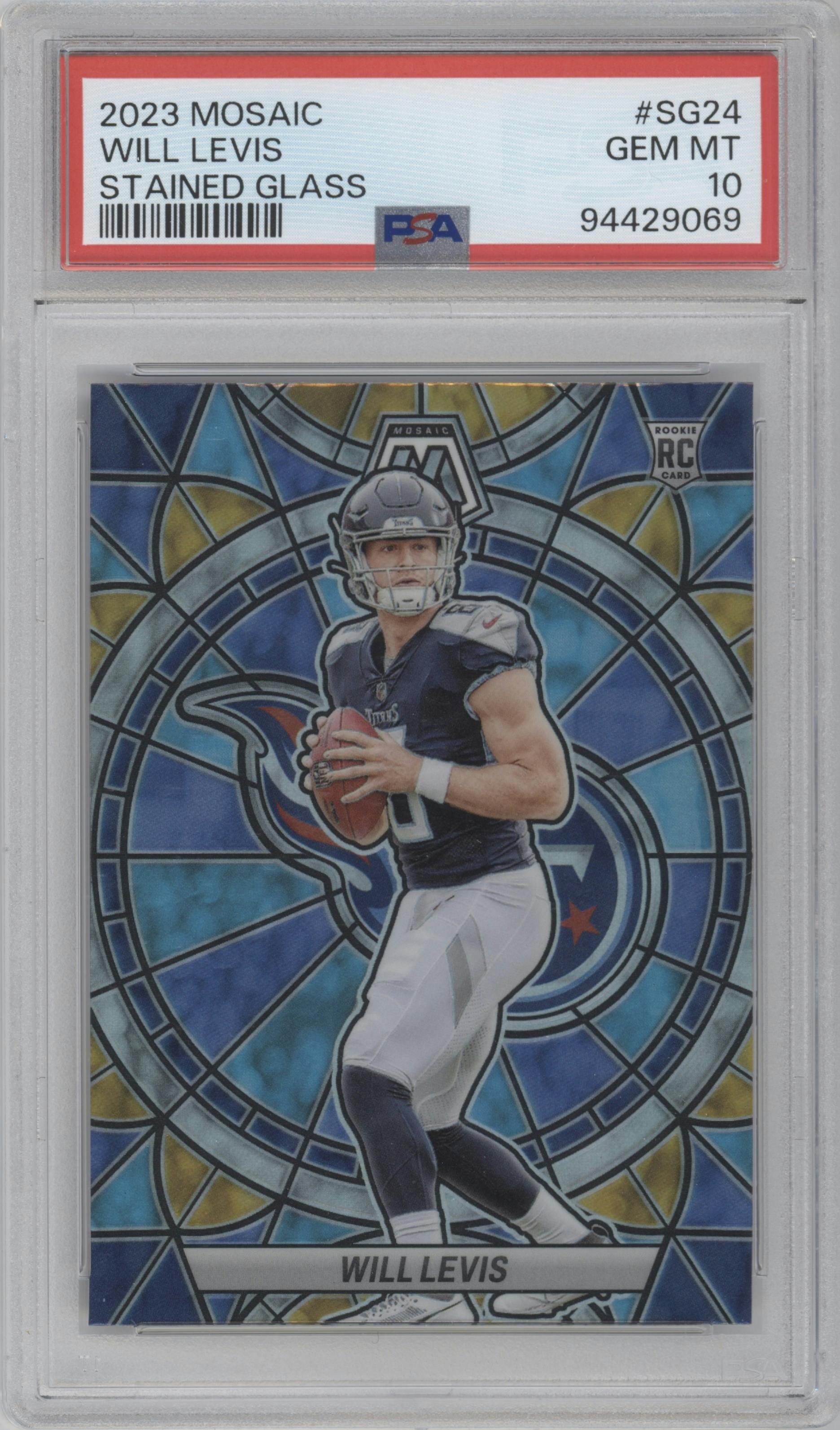 Will Levis from the 2023 Panini Mosaic set graded by PSA and given an overall grade of 10.