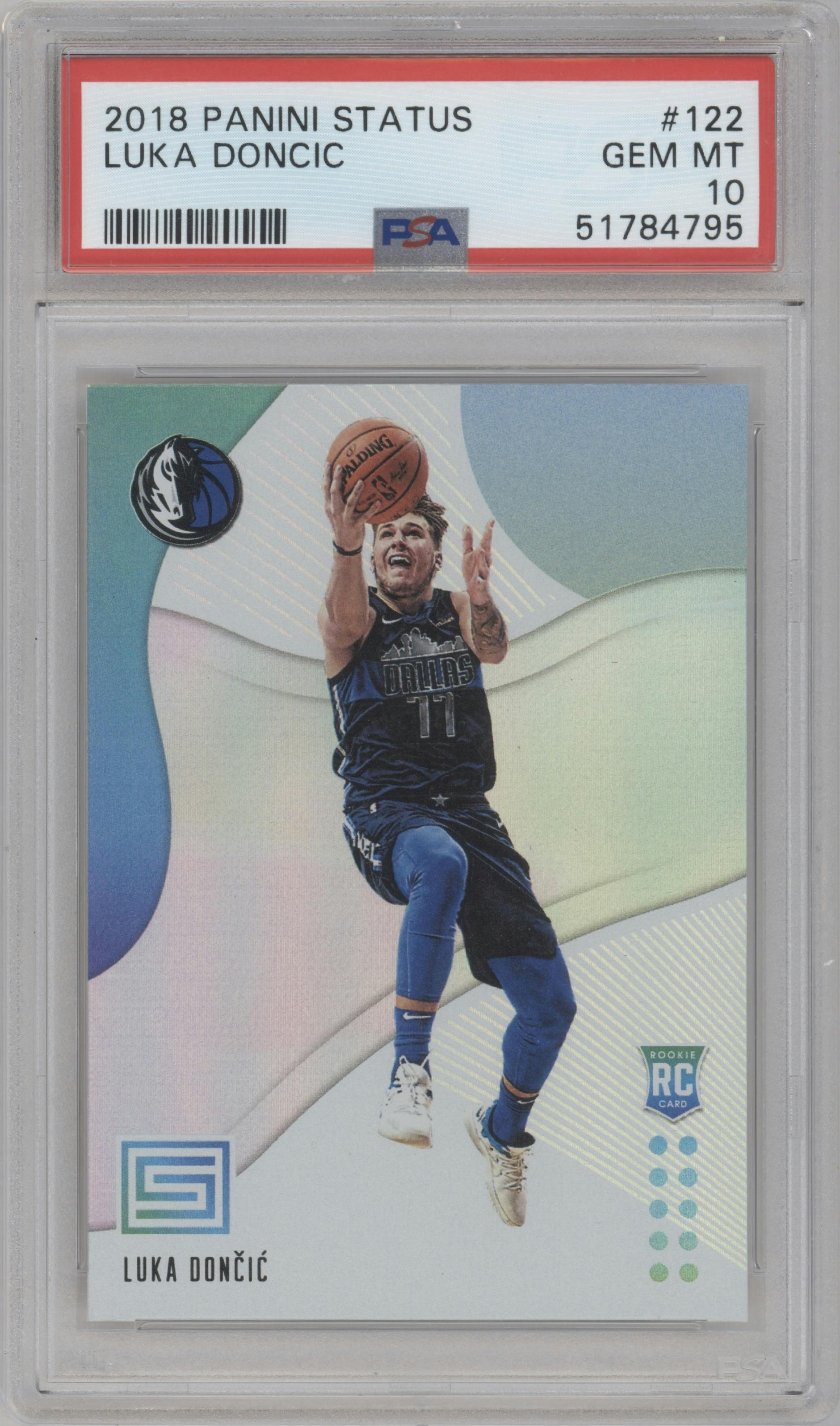 Luka Doncic from the 2018-19 Panini Status set graded by PSA and given an overall grade of 10.
