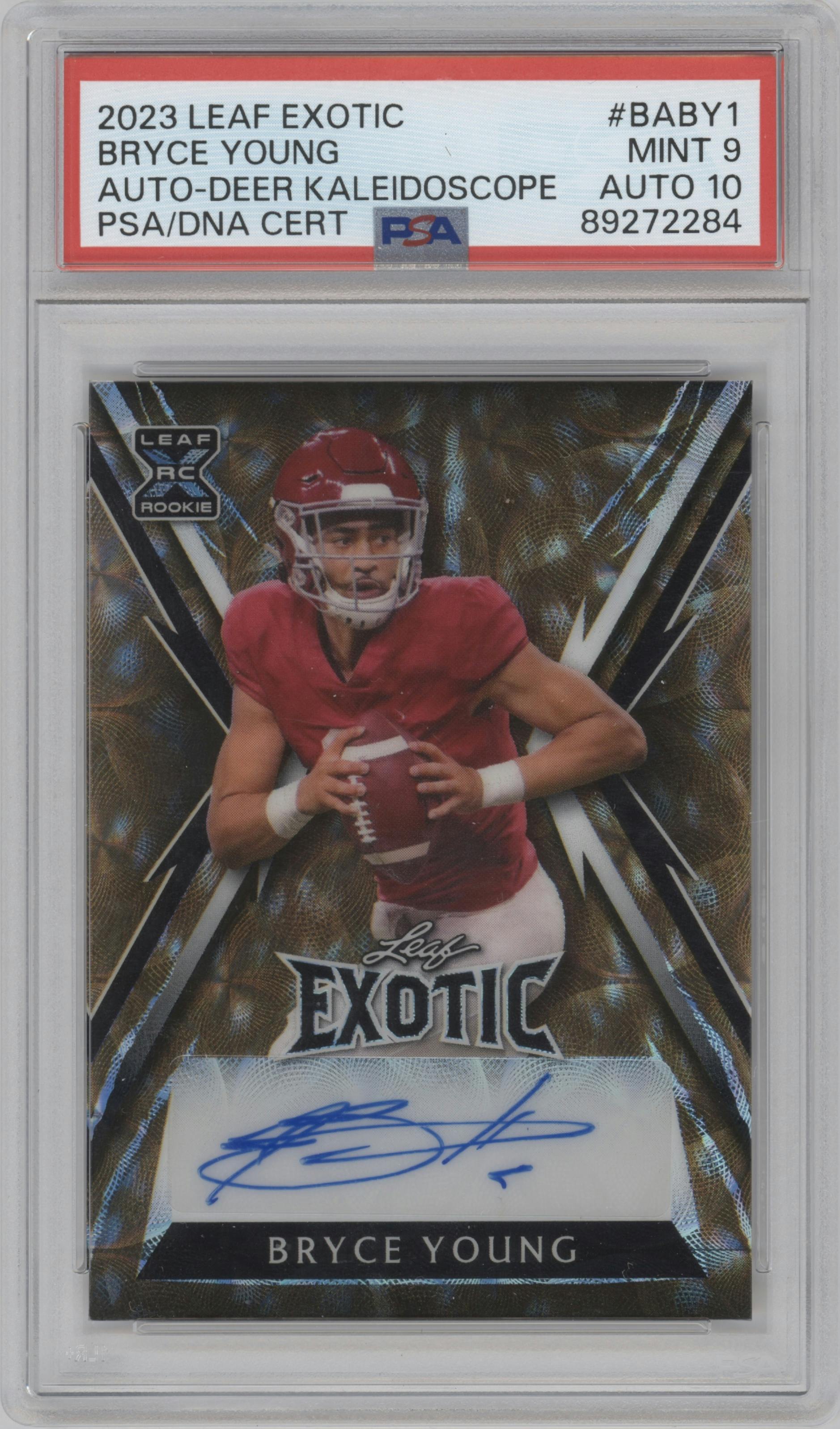 Bryce Young from the 2023 Leaf Exotic set featuring a Deer Kaleidoscope parallel graded by PSA and given an overall grade of 9.