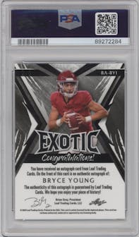 Bryce Young from the 2023 Leaf Exotic set featuring a Deer Kaleidoscope parallel graded by PSA and given an overall grade of 9.