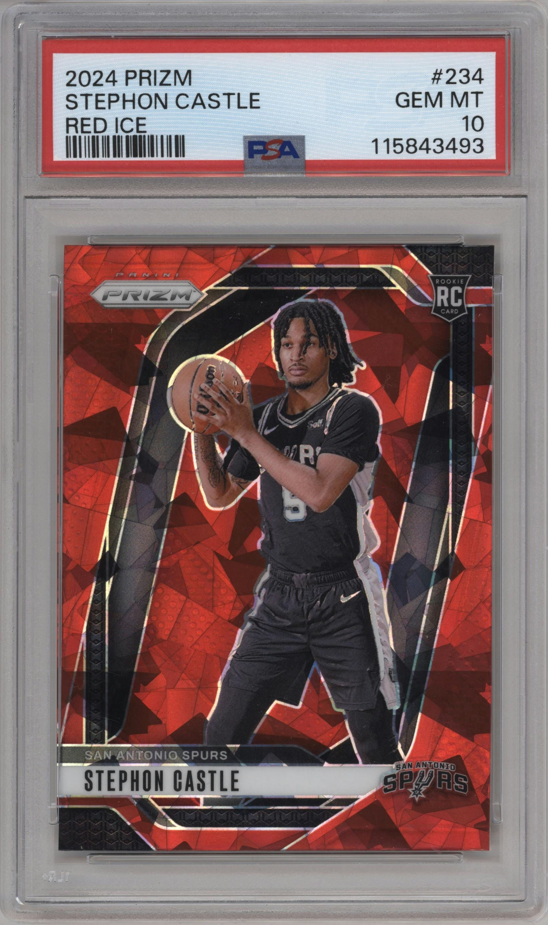Stephon Castle from the 2024-25 Panini Prizm set featuring a Red Ice parallel graded by PSA and given an overall grade of 10.