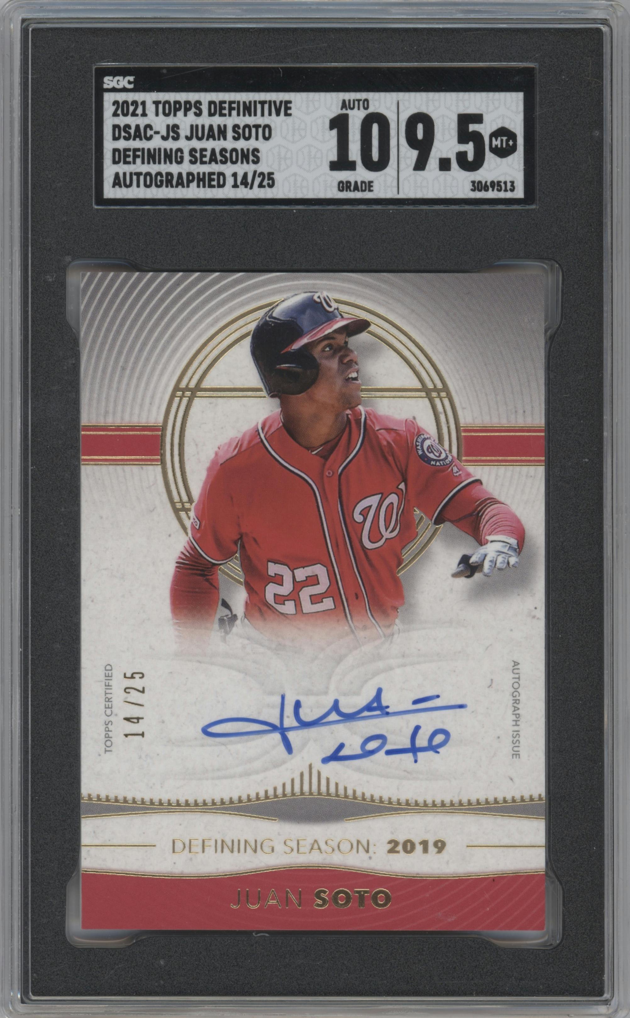Juan Soto from the 2021 Topps Definitive Collection set graded by SGC and given an overall grade of 9.5.
