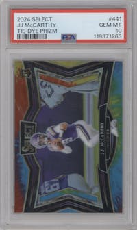 J.J. McCarthy from the 2024 Panini Select set featuring a Tie-Dye Prizm parallel graded by PSA and given an overall grade of 10.