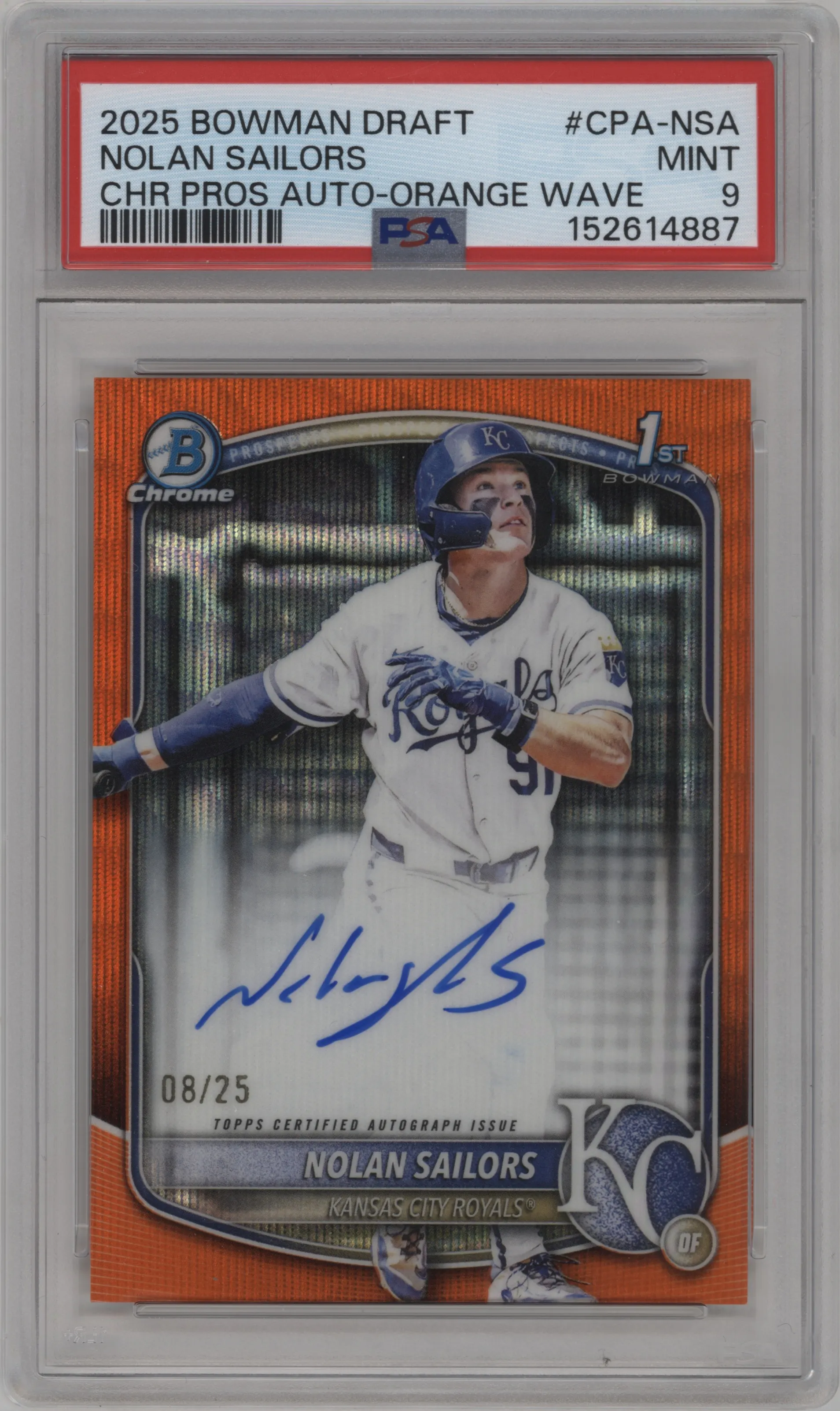 2025 Bowman Draft Chr.Pros.Auto Nolan Sailors Orange Wave Refractor PSA 9